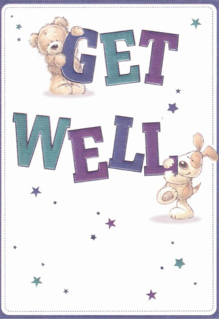 Offering bright encouragement and gentle reassurance, this get well card features two friendly figures: a snug, brown bear and a lively puppy, their eyes sparkling with empathy. Swirling around them, whimsical stars in indigo, aqua, and pale lavender drift gently, as if their wishes are floating through Balham's bustling open-air markets or leafy Larchwood Road. The message, rendered in bold and rounded purples and teals, anchors the design with a spirit of celebratory affirmation. The bear's fluffy coat and the puppy's plush ears seem almost tangible, inviting a comforting imagining of a hug as warm as a fresh Balham bouquet sent to cheer a friend at home near Clapham South. The layered composition-playful figures, confident typography, and a background of clean white-imbues the card with a sense of lightness and sincere care, resonating with the kind of nurturing gestures for which Balham's floral community is known. Picture sending this card alongside a carefully chosen bouquet: together, they serve as heartfelt tokens of healing and joy, perfect for supporting loved ones through recovery in Balham's close-knit neighbourhoods.
